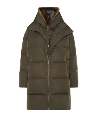 Yves Salomon Long Down Jacket In Water-repellent Technical Fabric With Mink Fur Bib Panel In Gray