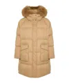 Yves Salomon Long Down Jacket With Raglan Sleeves And Fluffy Lambswool Trim In Brown