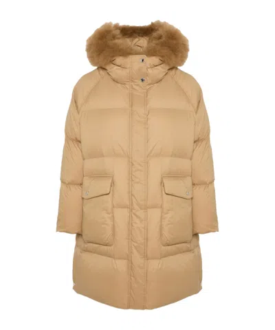 YVES SALOMON LONG DOWN JACKET WITH RAGLAN SLEEVES AND FLUFFY LAMBSWOOL TRIM