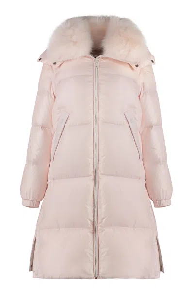 Yves Salomon Long Hooded Down Jacket In Pink