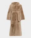 Yves Salomon Long Hooded Lamb Shearling Coat In Brown
