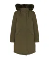 Yves Salomon Long Iconic Parka In Waterproof Cotton Blend With Fox And Rabbit Fur In Green