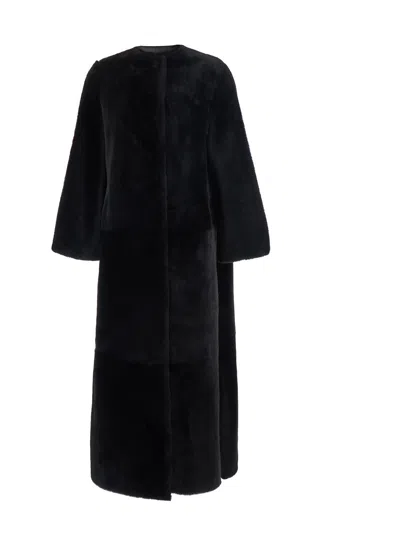 Yves Salomon Long Shearling Jacket With Round Collar And Snap-front Closure In Multi