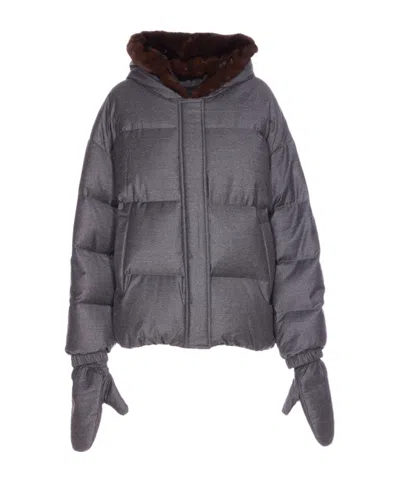 Yves Salomon Hooded Quilted Jacket With Faux Fur Trim In Gray