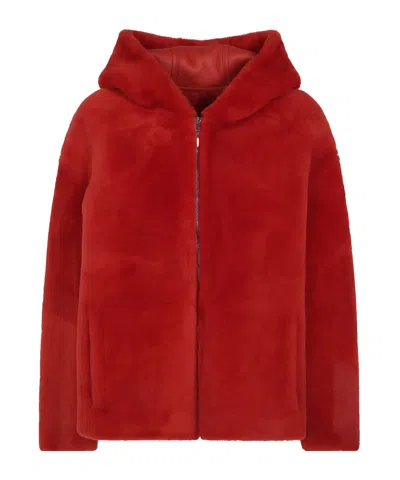 Yves Salomon Long-sleeve Hooded Jacket In Red