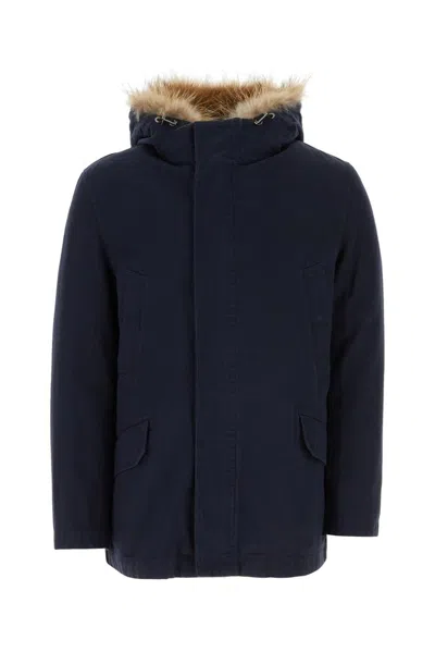 Yves Salomon Waist Drawstring Coat With Fur Trim Hood In Navy