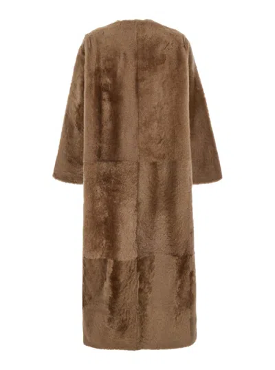 YVES SALOMON BROWN COLLARLESS LONG FUR IN LAMBSKIN WOMAN