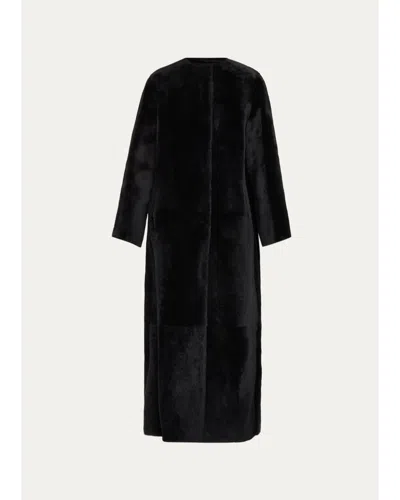 Yves Salomon Manteau Lamb Shearling Collarless Long Coat In Black