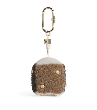 Yves Salomon Merino Shearling Dice Keyring In Sand