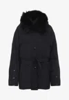Yves Salomon Doudoune Short Down Jacket With Fur Inserts And Belt In Black