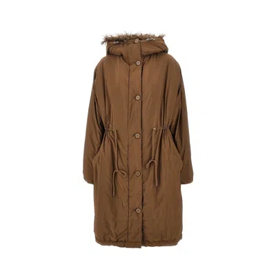 Yves Salomon Padded Long Parka Coat With Shearling Trims In Brown