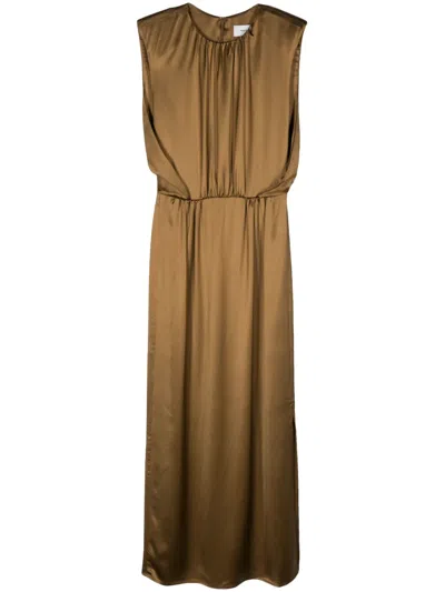 Yves Salomon Pleat-detail Satin Dress In Brown