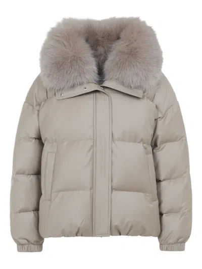 Yves Salomon Quilted Beige Mink Down Jacket With Detachable Collar In Gray