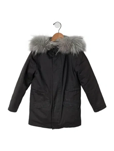 Pre-owned Yves Salomon Kids' Rabbit Fur Trim Hooded Coat In Grey