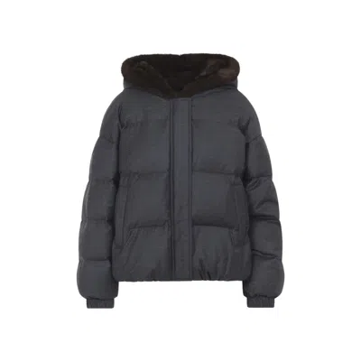 Yves Salomon Refined Grey Mink Down Jacket With Quilted Elegance In Blue