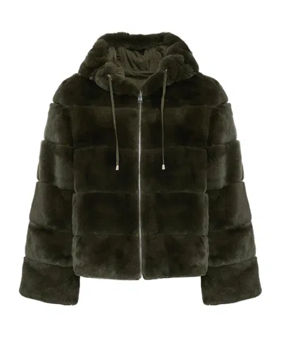Yves Salomon Hooded Jacket In Technical Fabric Reversible Rex Rabbit Fur In Green
