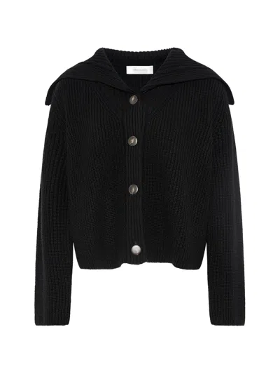 Yves Salomon Sailor-collar Ribbed-knit Cardigan In Black