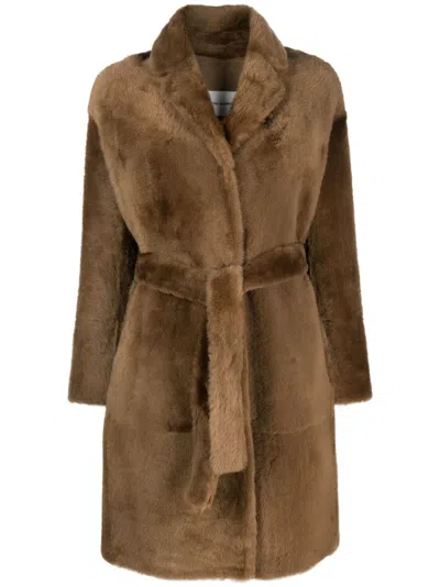 Yves Salomon Shearling Belted Single-breasted Coat In Brown