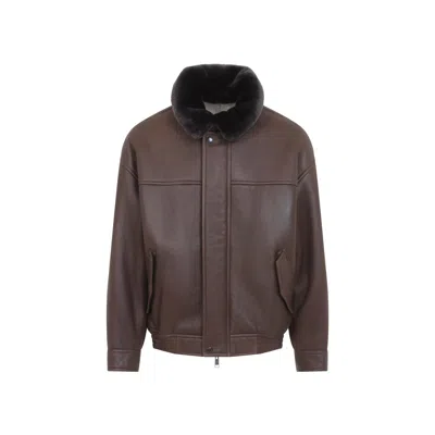 Yves Salomon Shearling Collar Leather Jacket In Brown