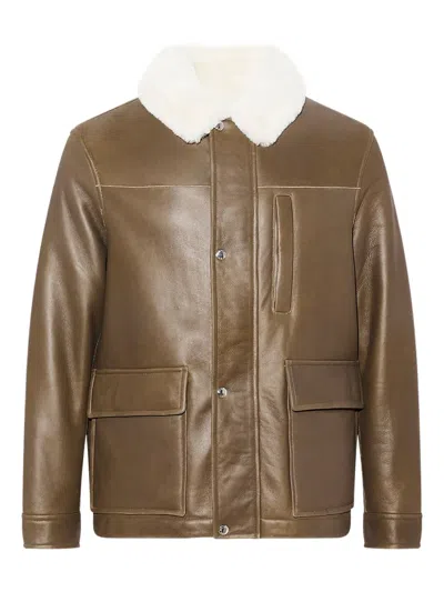Yves Salomon Shearling Collar Leather Jacket In Brown