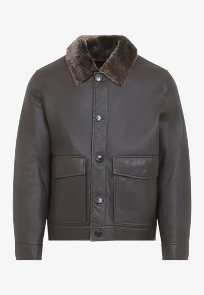 Yves Salomon Shearling Collar Leather Jacket In Brown