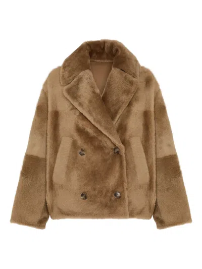 Yves Salomon Shearling Pea Jacket In Brown