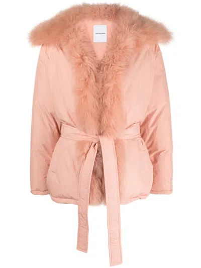 Yves Salomon Shearling-trim Belted Down Jacket In Pink