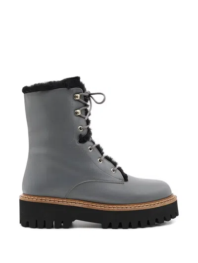Yves Salomon Shearling-trim Lace-up Combat Boots In Gray