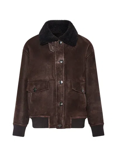 Yves Salomon Shearling-collar Bomber Jacket In Brown