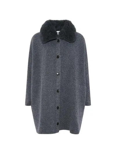 Yves Salomon Goat Shearling Collar Oversized Wool Knit Coat In Gray
