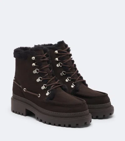 Yves Salomon Eyelet-detailed Brushed Shearling-trimmed Suede Ankle Boots In Brown
