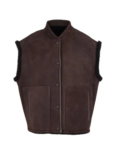 Yves Salomon Shearling-trim Sleeveless Gilet In Brown