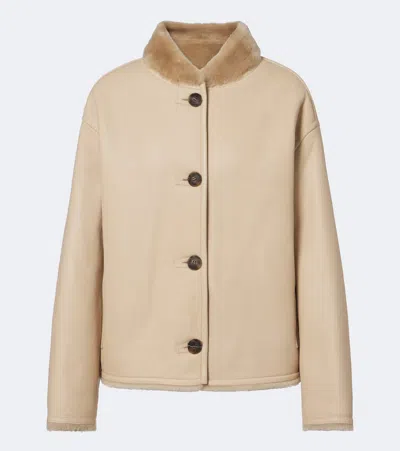 Yves Salomon Shearling-trimmed Leather Jacket In Nude