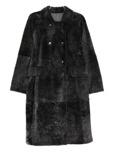 Yves Salomon Sheepskin Double-breasted Pocketed Coat In Black