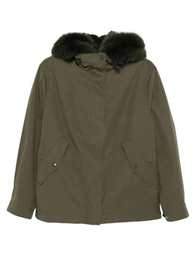Yves Salomon Short Cotton Parka With Fox And Rabbit Fur In Green