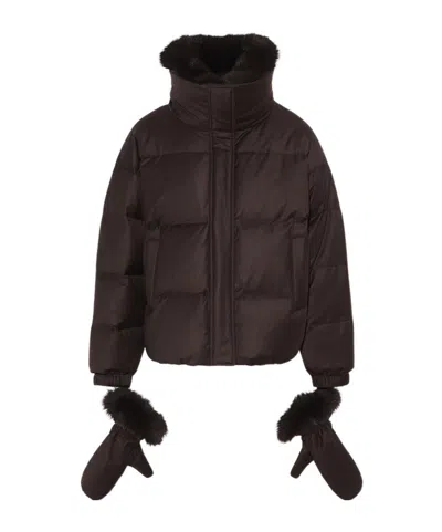 Yves Salomon Short Down Jacket In Loro Piana Fabric With Detachable Fox Fur Collar And Mittens In Brown