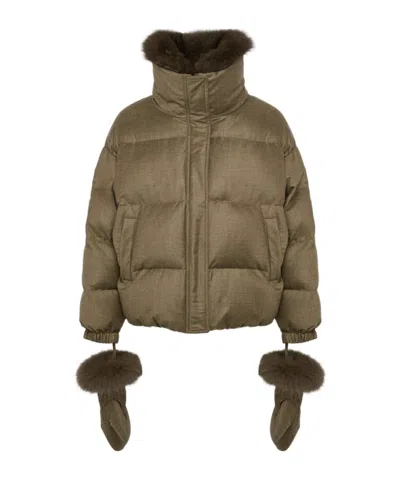 Yves Salomon Short Down Jacket With Detachable Fox Fur Collar And Mittens In Brown