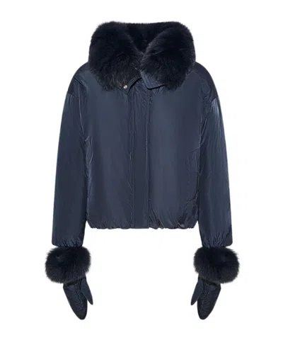 Yves Salomon Short Technical Fabric Down Jacket With Detachable Fox Fur Collar In Blue