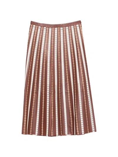 Yves Salomon Leather Midi Skirt Striped Pleated Design In Brown