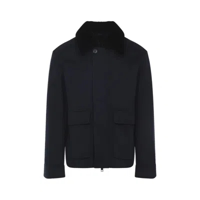 Yves Salomon Structured Black Leather Jacket With Plush Collar And Concealed Closure