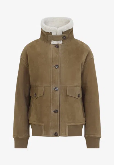 Yves Salomon Suede Leather Buttoned Jacket In Green