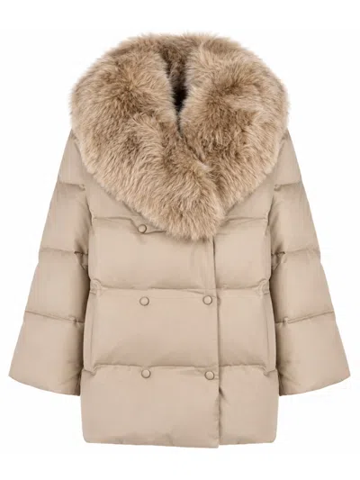 Yves Salomon Weather-resistant Down Puffer Jacket With Detachable Fox Fur Collar And Belt In Neutral