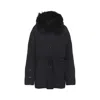 Yves Salomon Doudoune Short Down Jacket With Fur Inserts And Belt In Blue