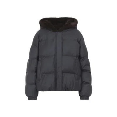 Yves Salomon Hooded Down Jacket Fur Trim In Gray