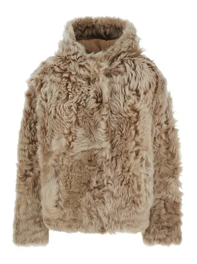 Yves Salomon Women's Shearling Fur Jacket With Fixed Hood And Concealed Fastening In Neutral