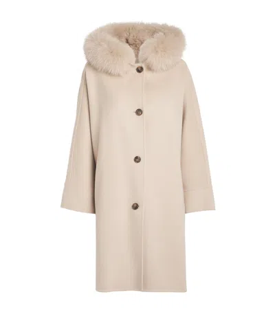 Yves Salomon Wool-cashmere Fur-trim Cape Coat In Beige