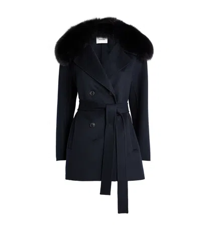 Yves Salomon Wool-cashmere Fur-trim Coat In Blue