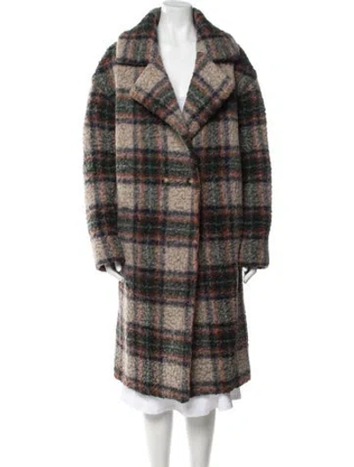 Pre-owned Yves Salomon Wool Plaid Print Faux Fur Coat In Gray