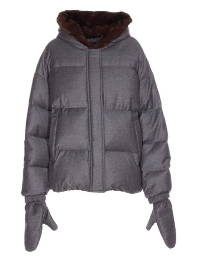 YVES SALOMON WOOL SHORT DOWN JACKET WITH FUR HOOD