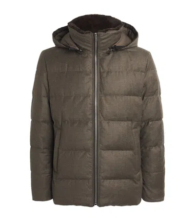 Yves Salomon Wool-silk Green Storm System Mink-trim Puffer Jacket In Brown